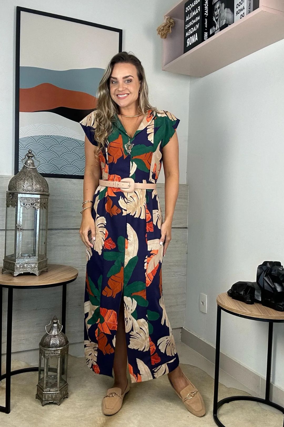 Vestido Fenda Longo Soho Twill Print Folhagem fundo Marinho