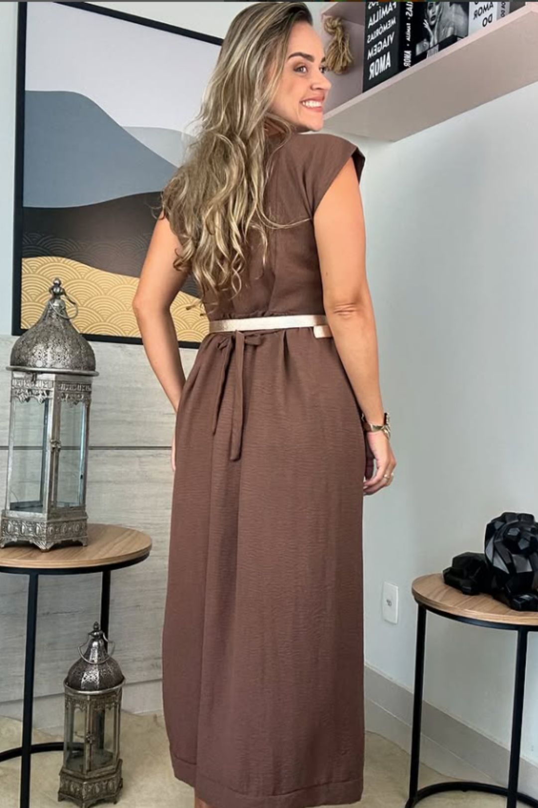 Vestido Fenda Longo Viscose + Poliamida marrom