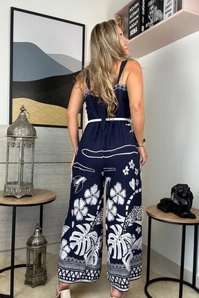 Macacão Fresh Longo Viscose Onça Barrado Marinho
